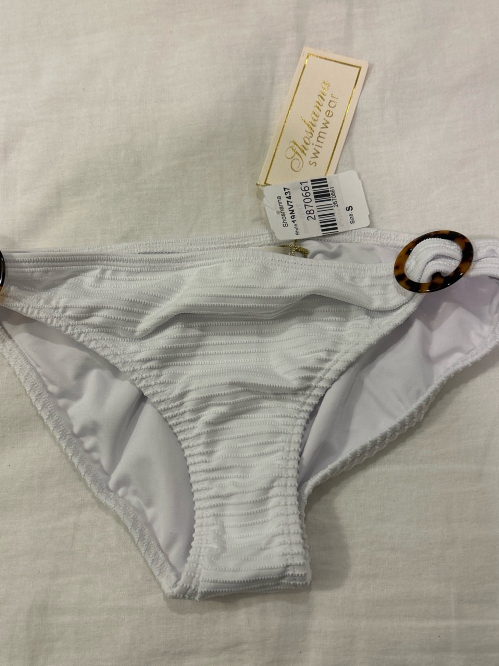 Shoshanna White Ribbed Bikini Bottom with Tortoiseshell Hip Rings